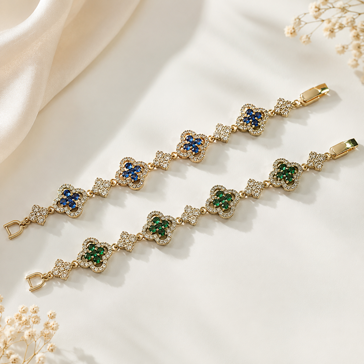 Esmeralda Bloom Green CZ Clover Bracelet | Gold-Tone Floral Bracelet