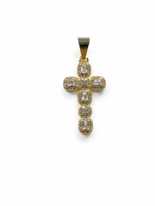 14K Oro Laminado CZ Cross Pendant – Baguette Stone Cross, 1.5
